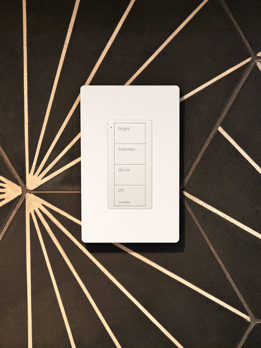 A white Lutron keypad in a screwless plate on black patterned tile, engraved Bright, Entertain, Movie and Off