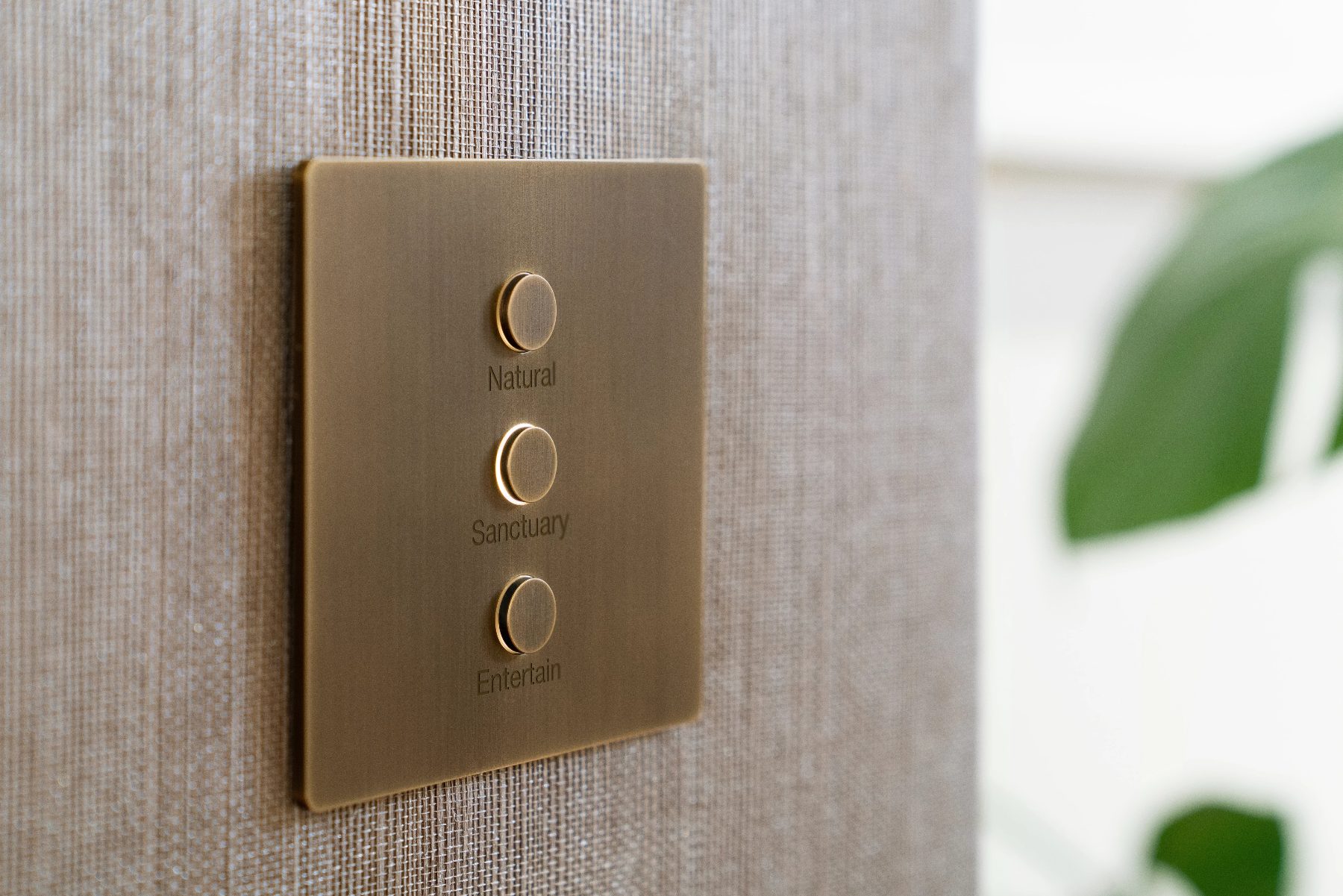 A brass Alisse keypad engraved Natural, Sanctuary, Entertain on woven wallpaper