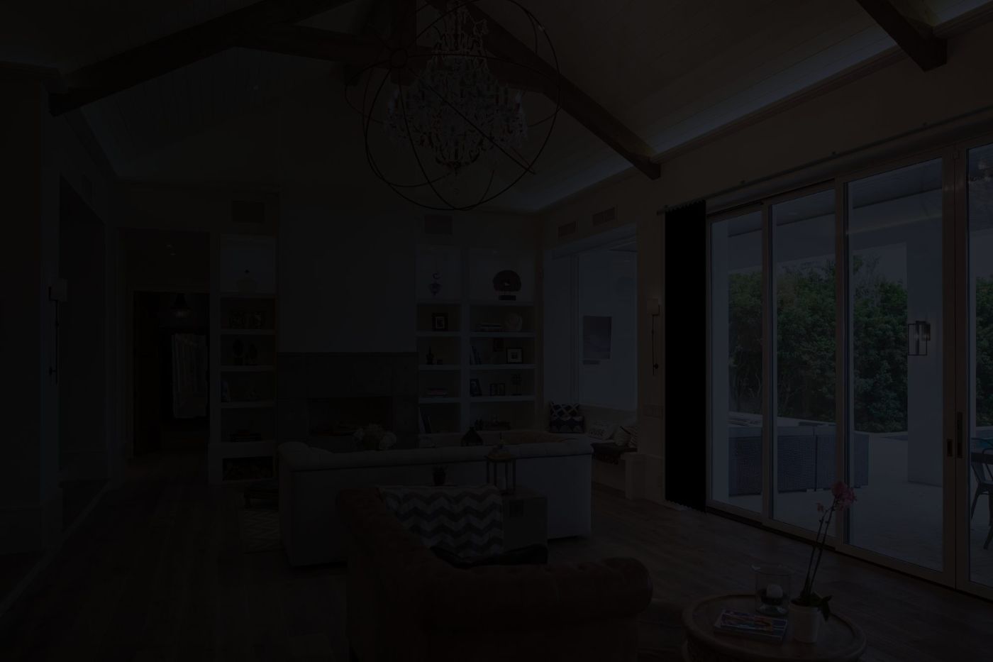 The living room with every light off at night