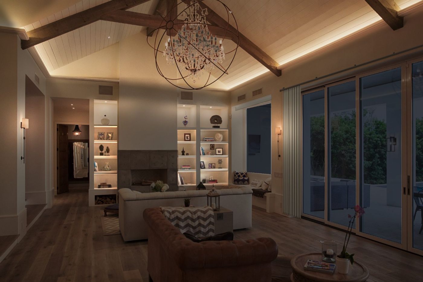 The living room in the Relax scene, warm and low