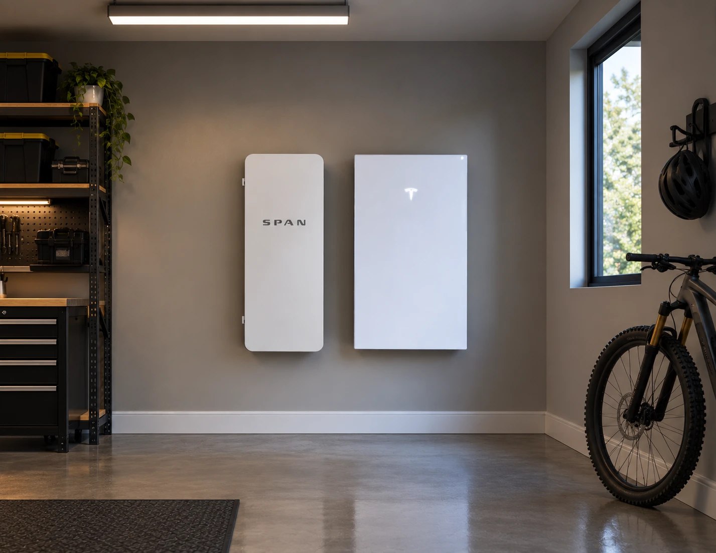 A battery and smart panel on a garage wall, workbench and bike beside them